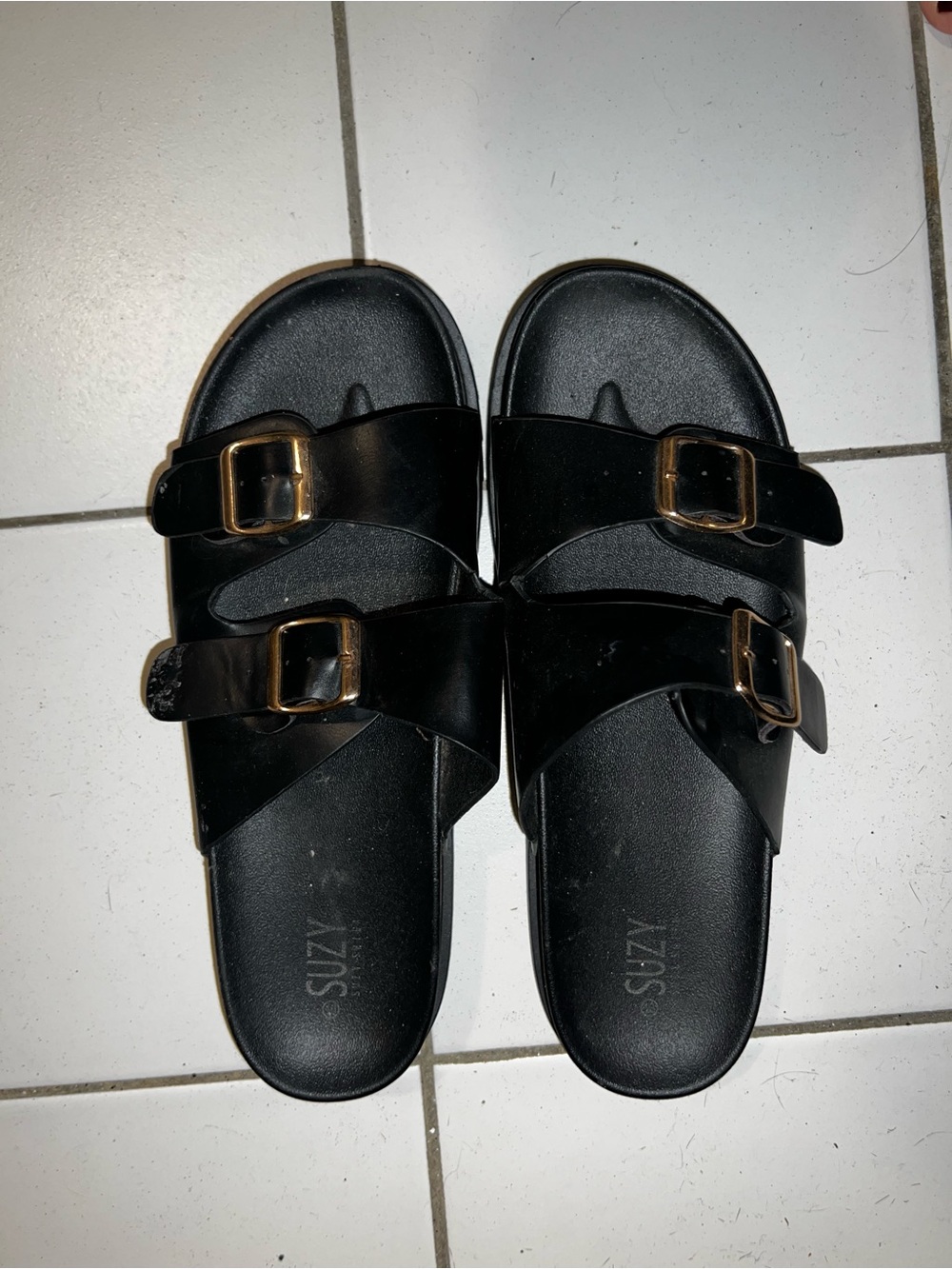 Black double-Buckle Slide Sandals